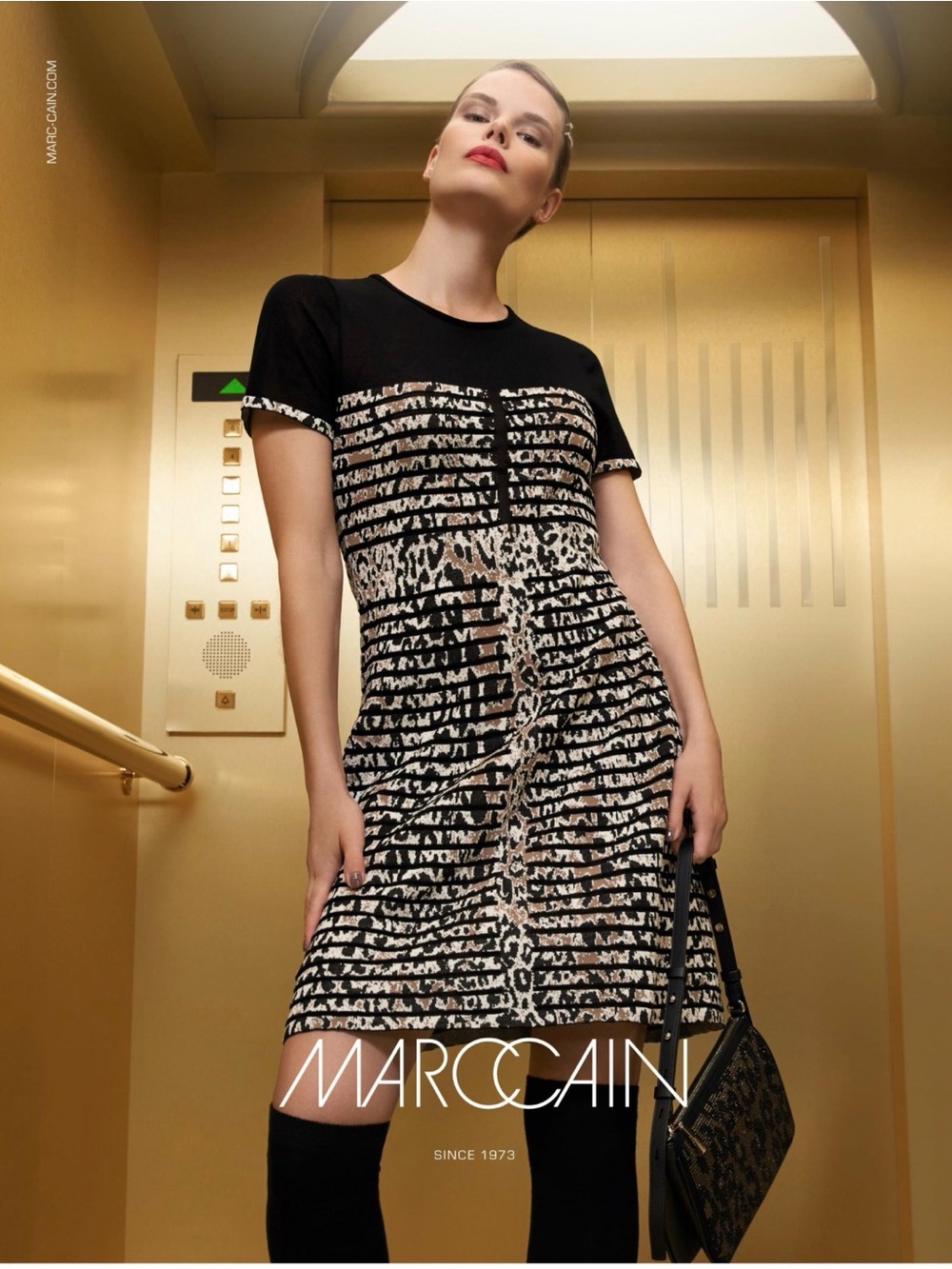 MARC CAIN 50th Anniversary Allee Leopard Fine Luxury Knit Stripe Mini Dress N4 8